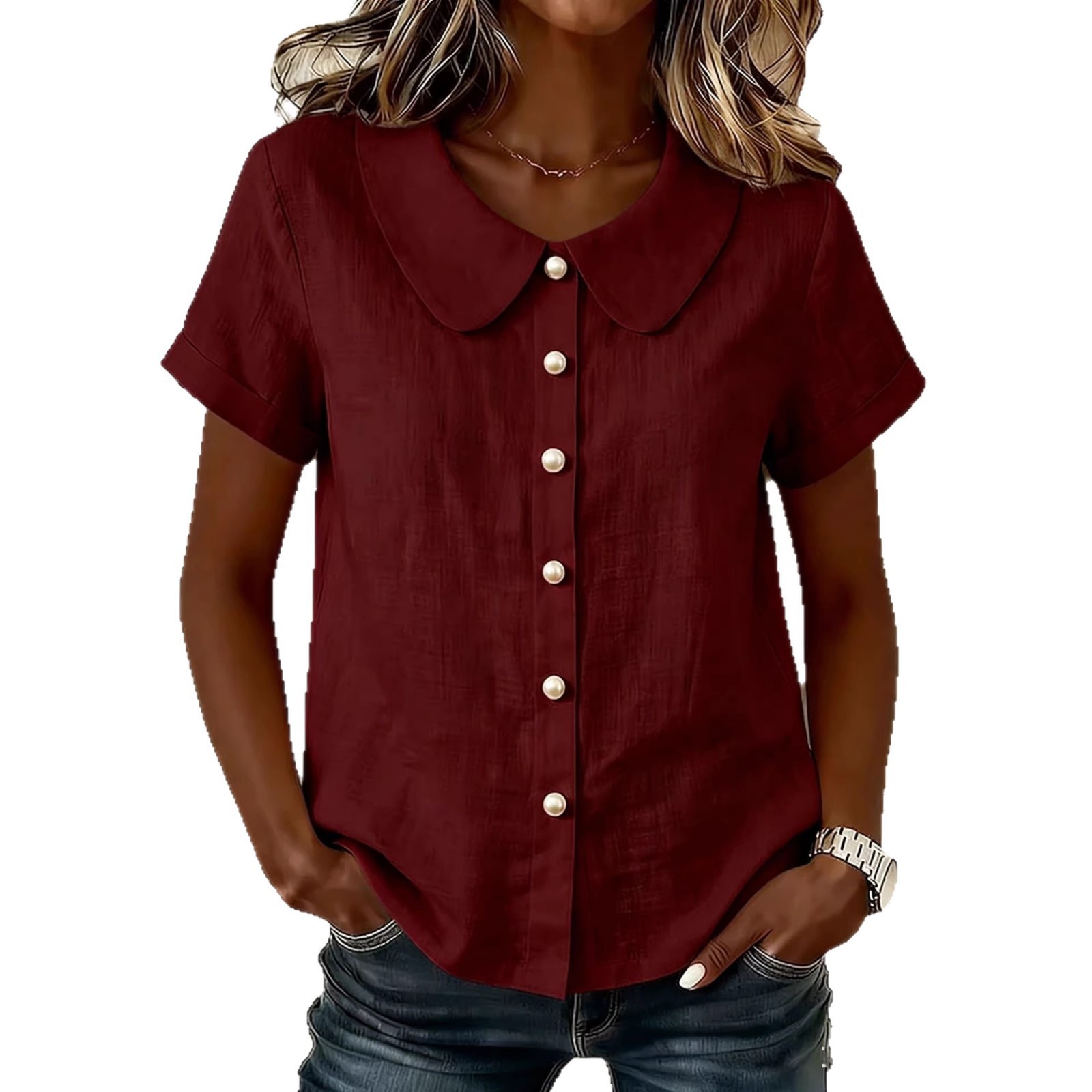 Womens Solid-Colored Short-Sleeve Casual Loose Shirt - Image 4