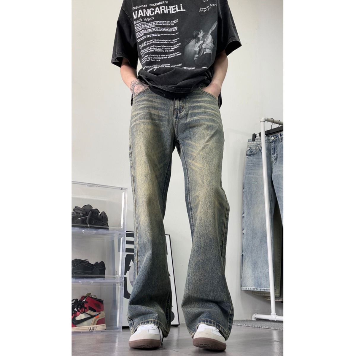 Mens American Style Retro Washed Distressed Straight Leg Jeans - Image 5