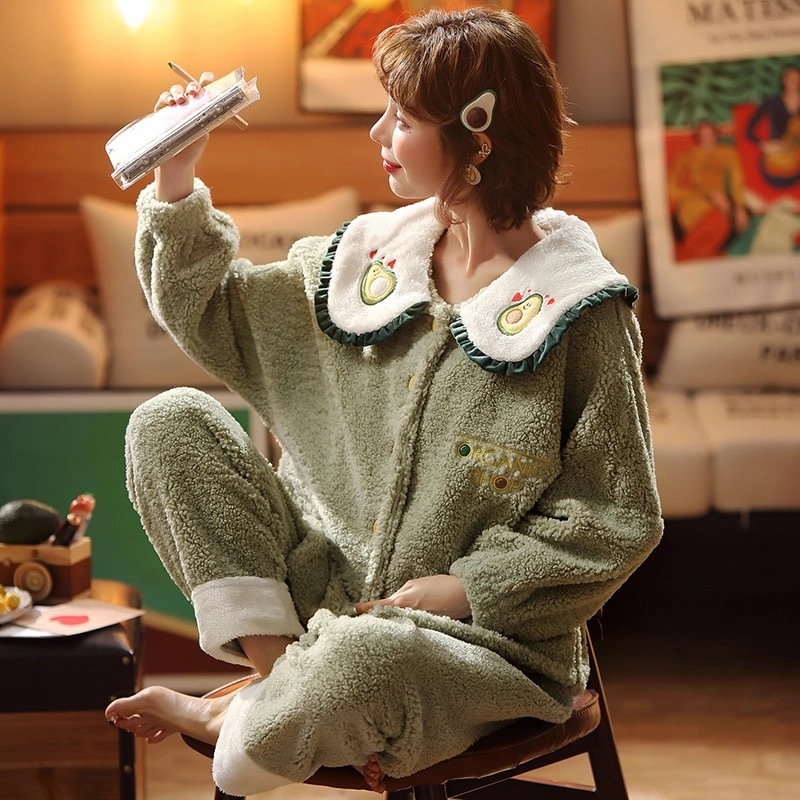 Women's Autumn And Winter Thickened Flannel Pajamas Suit Coral Fleece - Image 4