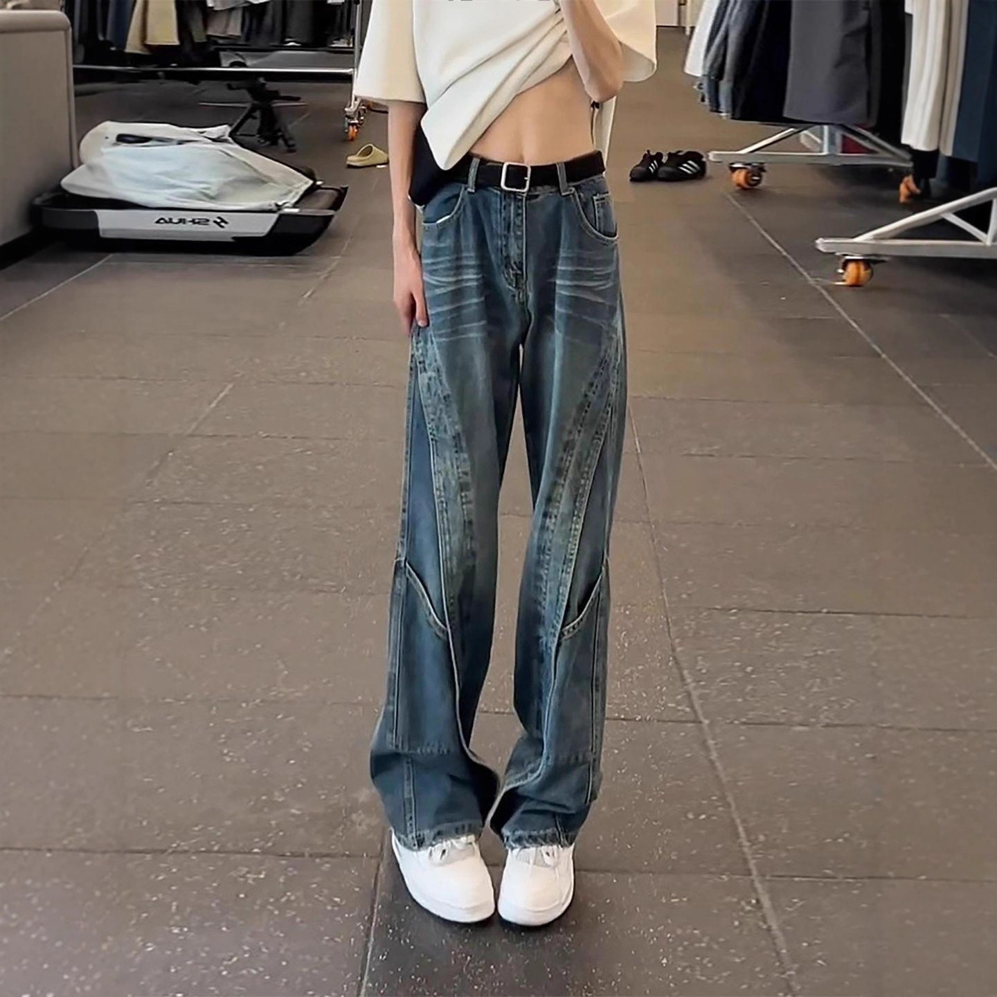 Straight-leg Vintage Blue Patchwork Jeans For Men - Image 5