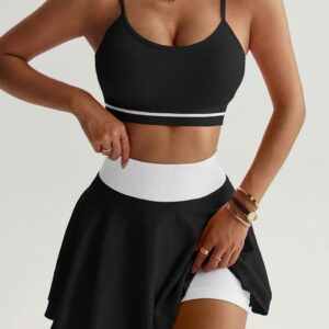 Women 2pcs Tennis Skort Set, Spaghetti Strap Sports Bra And Pleated Golf Skirt With Built-in Shorts, Fitness Workout Outfit
