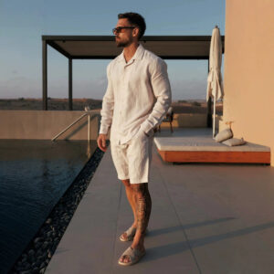Cuban-style Long-sleeve Button-down Shirt Elastic-waist Shorts