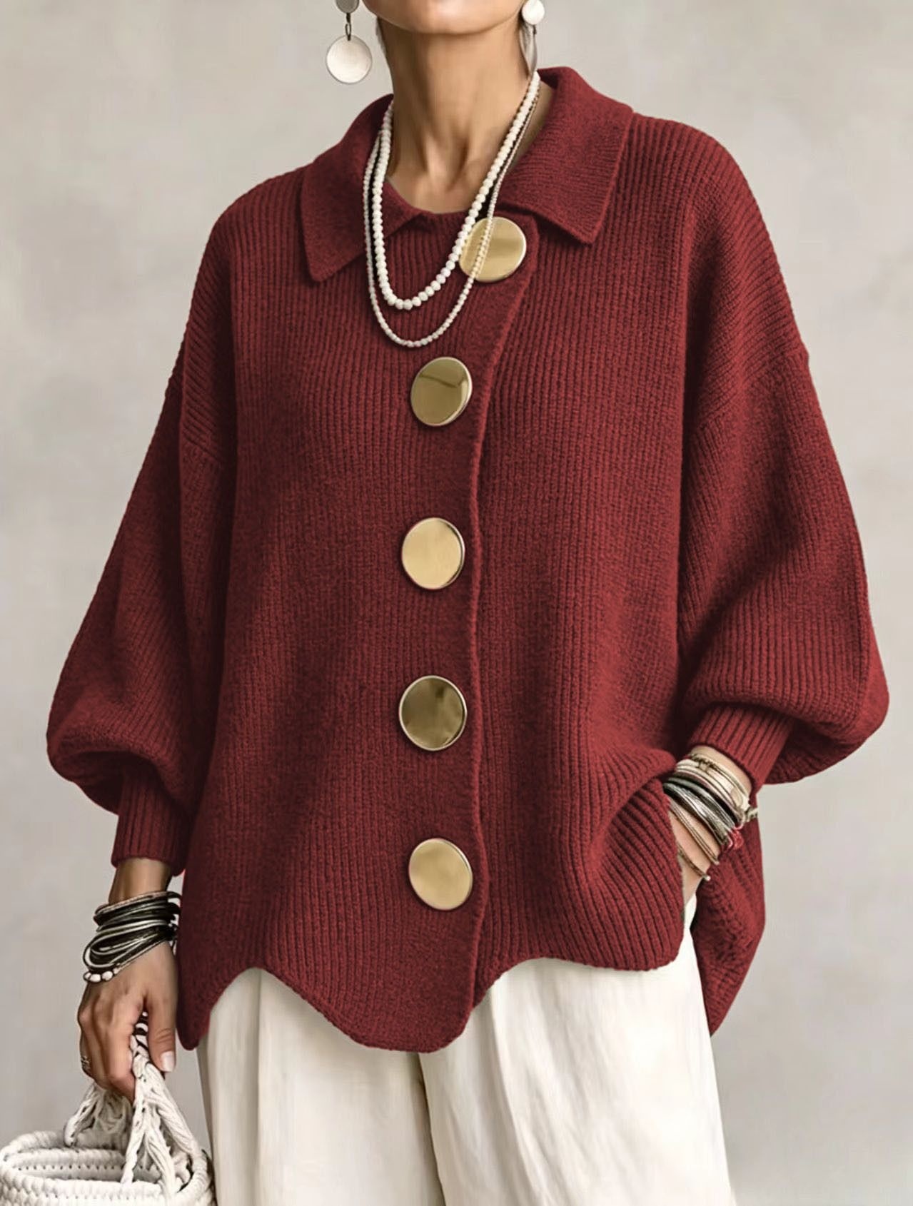 Button-down Cardigan Women's Fall Winter Lapel Button Knitted Jacket Long Sleeve Loose Fit Sweater Outerwear - Image 7