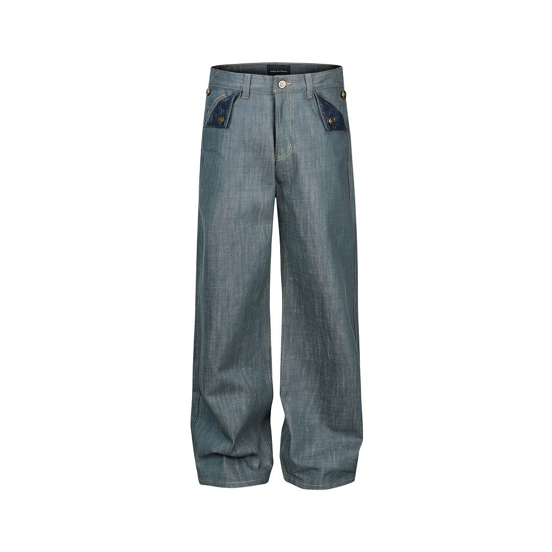 Embroidered A-line Wide-leg Straight-leg Denim Jeans For Men - Image 2