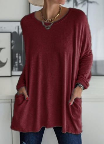 Long Sleeve Shirt Solid Color Round Neck Top Loose Fit Casual Shirt With Pocket For Women - Image 10
