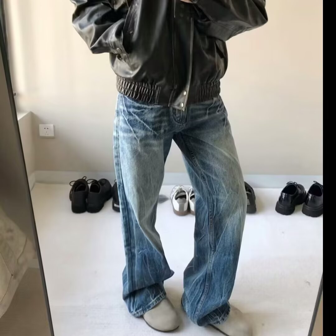 Mens Loose-fit American-style Washed-blue Jeans - Image 4