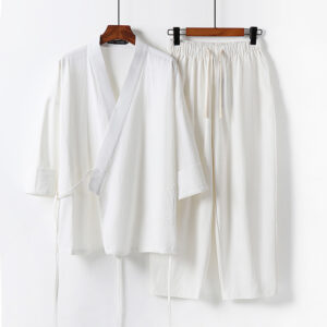 Mens Linen Set, Summer Chinese-Style Plus-Size Cropped-Sleeve T-Shirt