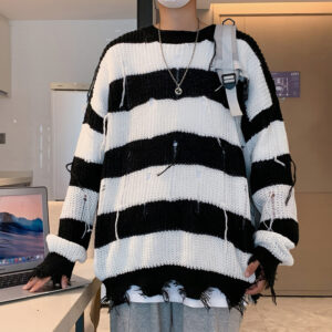 Men Ripped Fringe Striped Sweater