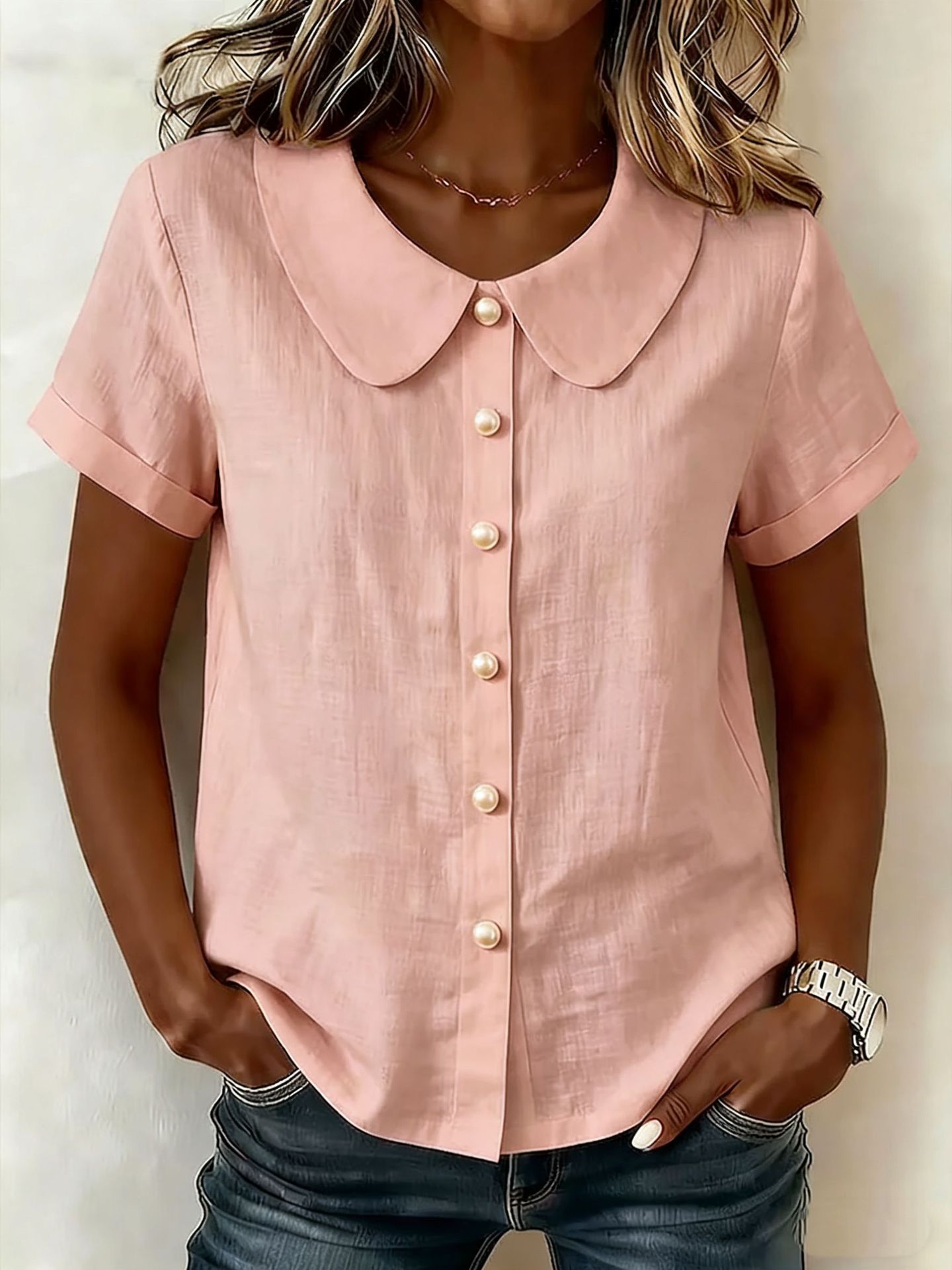 Womens Solid-Colored Short-Sleeve Casual Loose Shirt - Image 5