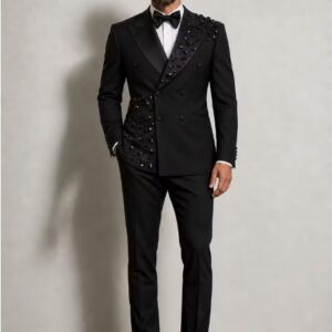 Men's Black Crystal-Embellished Asymmetric Tuxedo Suit Set