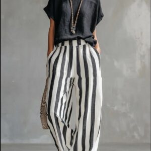 Short-sleeved Trousers Suit Summer Fashion Round Neck Pullover T-Shirt And Striped Print Straight Leg Pants Two-Piece Clothing For Women