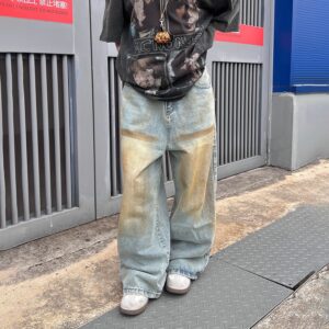 Retro Yellow-dyed Distressed Wide-leg Denim Jeans