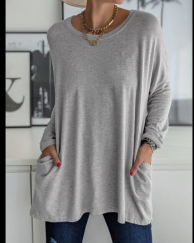 Long Sleeve Shirt Solid Color Round Neck Top Loose Fit Casual Shirt With Pocket For Women - Image 2