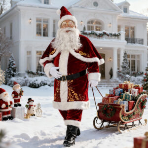 Mens Christmas Costume Halloween Gold-Embossed Print Santa Suit Set