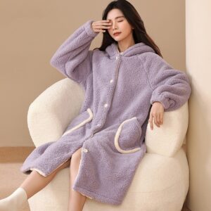 Women's Autumn And Winter Fleece-lined Thickened Hooded Robe Bathrobe Long Flannel Pajamas Home Wear