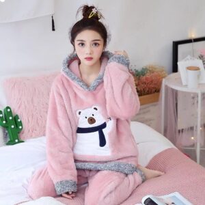 Hooded Coral Fleece For Thicken Plus Fleece Cute Winter Flannel Warm Home Service