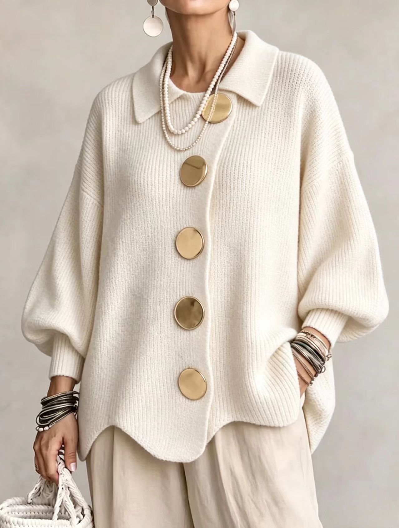 Button-down Cardigan Women's Fall Winter Lapel Button Knitted Jacket Long Sleeve Loose Fit Sweater Outerwear - Image 3