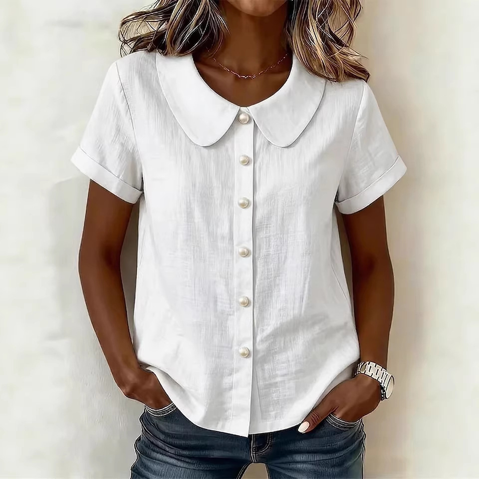 Womens Solid-Colored Short-Sleeve Casual Loose Shirt - Image 2