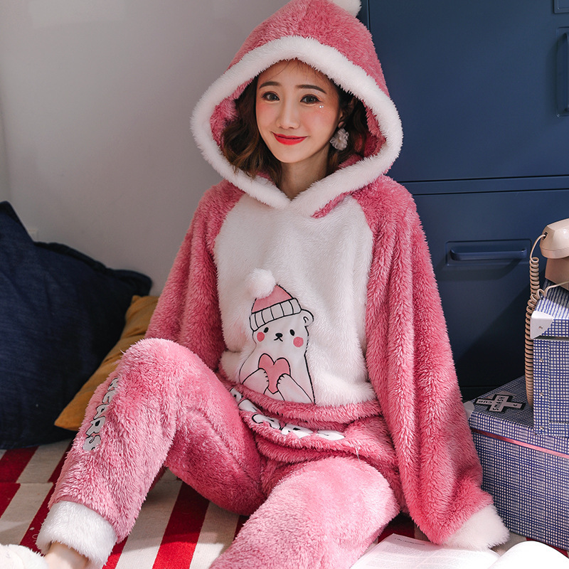 Hooded Coral Fleece For Thicken Plus Fleece Cute Winter Flannel Warm Home Service - Image 2