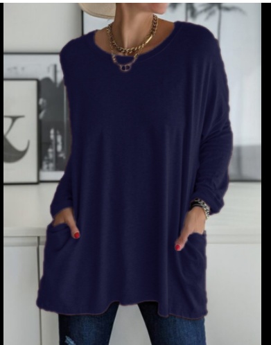 Long Sleeve Shirt Solid Color Round Neck Top Loose Fit Casual Shirt With Pocket For Women - Image 5