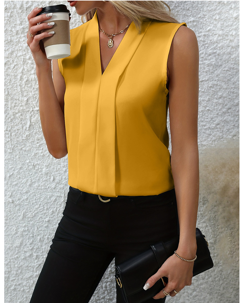 Summer V-Neck Shirt Solid Color Casual Office Daily Sleeveless Shirt Lightweight Women's Top Clothing - Image 2