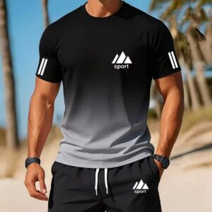 Breathable Casual Sportswear Set Mens Crew Neck