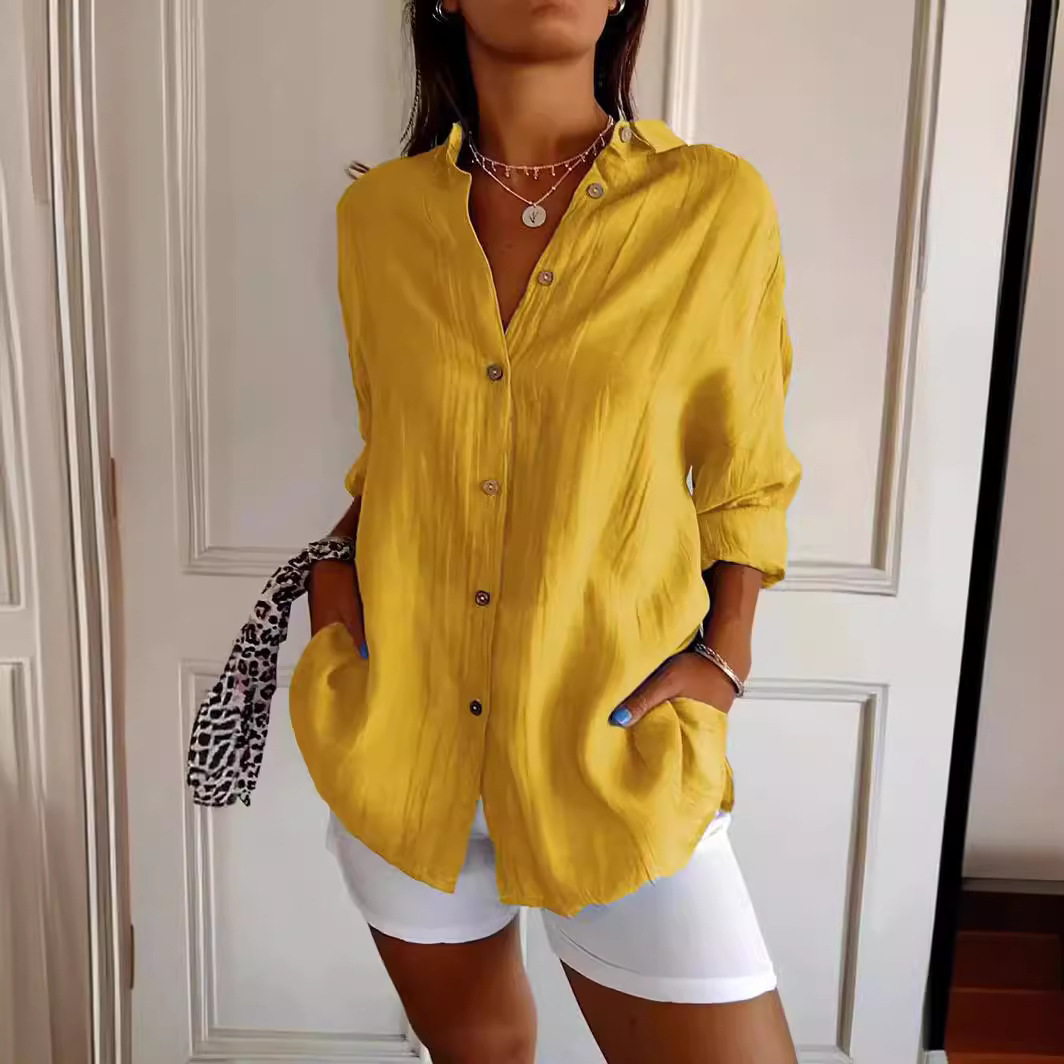 Lapel Long Sleeve Shirt Women's Single-breasted Pleated Shirt Tops Clothing - Image 2
