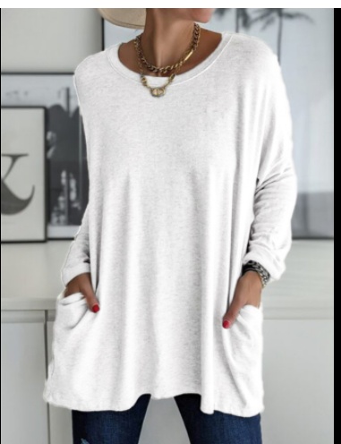 Long Sleeve Shirt Solid Color Round Neck Top Loose Fit Casual Shirt With Pocket For Women - Image 4