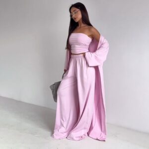 Cross Border European And American Style Women's Fashion Casual Loose Three Piece Set Long Sleeved Cardigan Pocket Straight Leg Pants Strapless