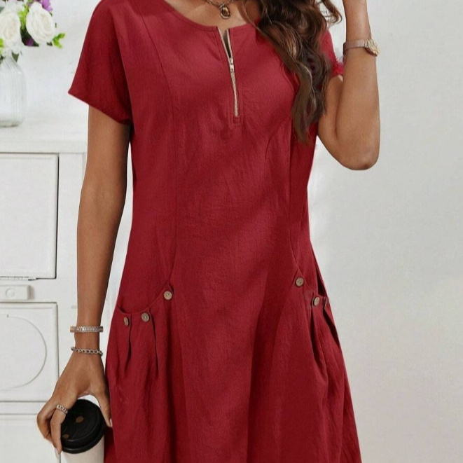 Short-sleeved Dress With Pockots And Zipper Women's Summer Clothing - Image 3