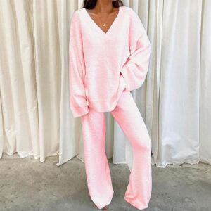European And American Independent Station European Station Winter Comfortable Solid Color V-neck Casual Daily Home Warm Two-piece Suit