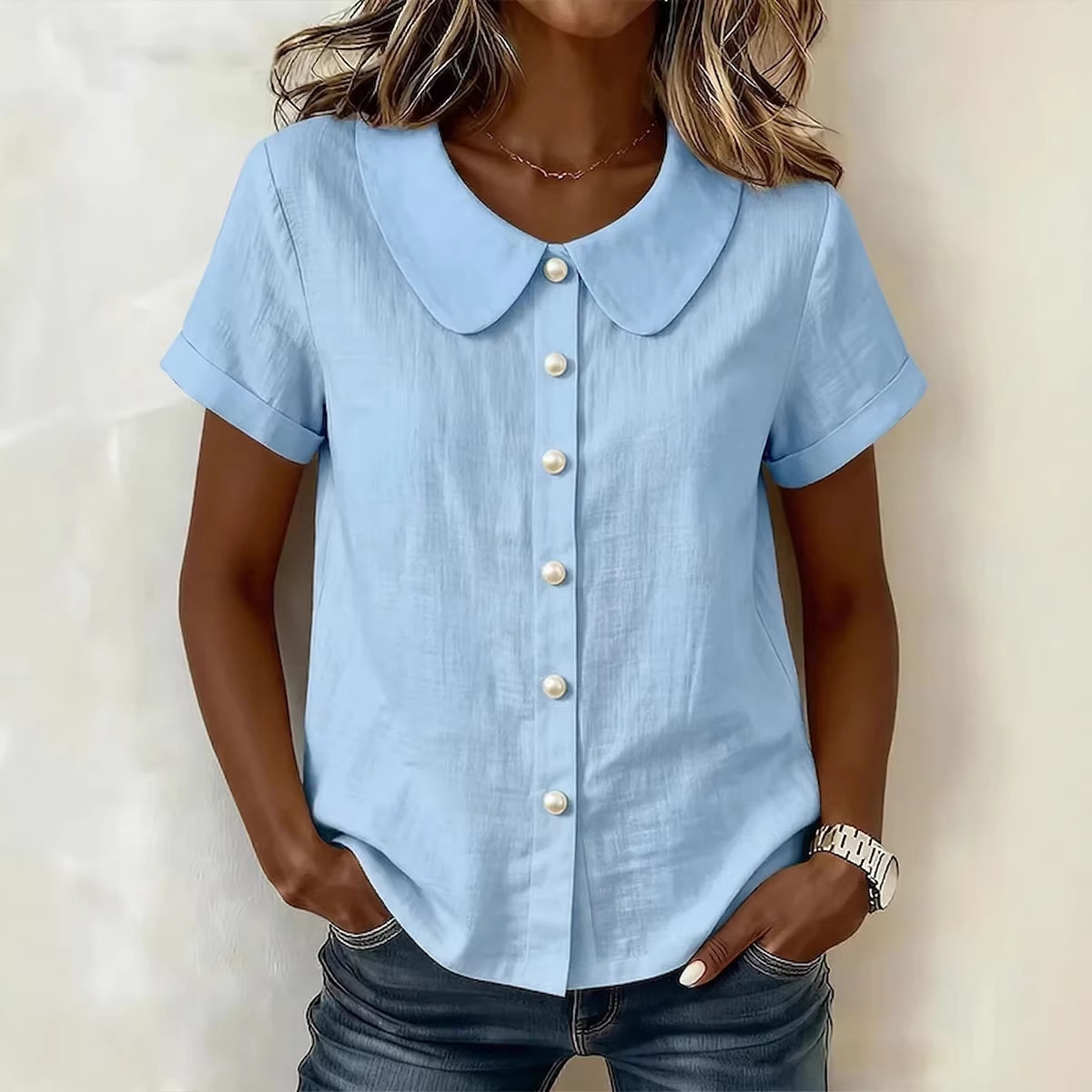 Womens Solid-Colored Short-Sleeve Casual Loose Shirt