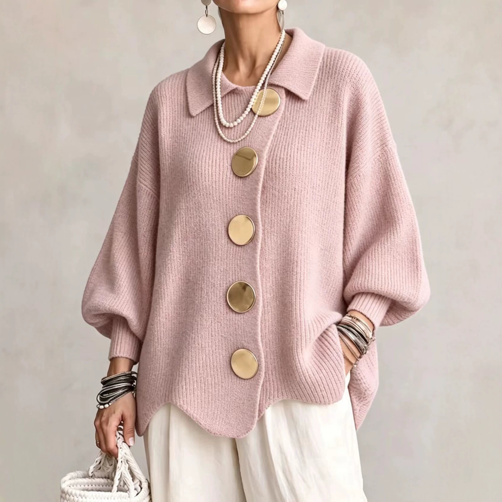 Button-down Cardigan Women's Fall Winter Lapel Button Knitted Jacket Long Sleeve Loose Fit Sweater Outerwear - Image 6