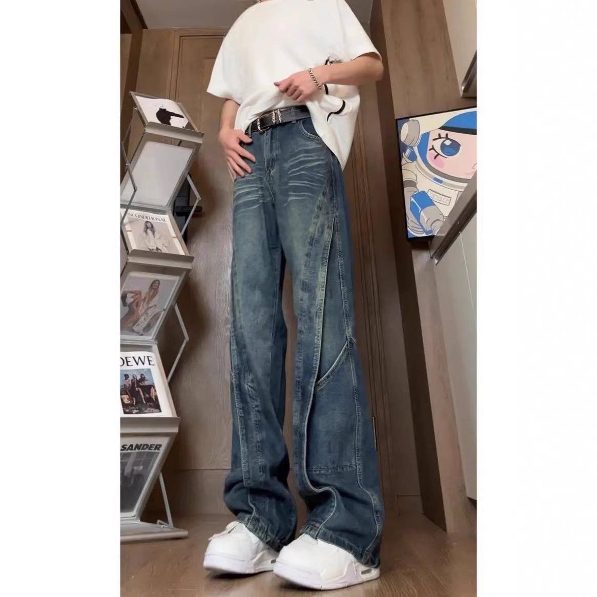 Straight-leg Vintage Blue Patchwork Jeans For Men - Image 6