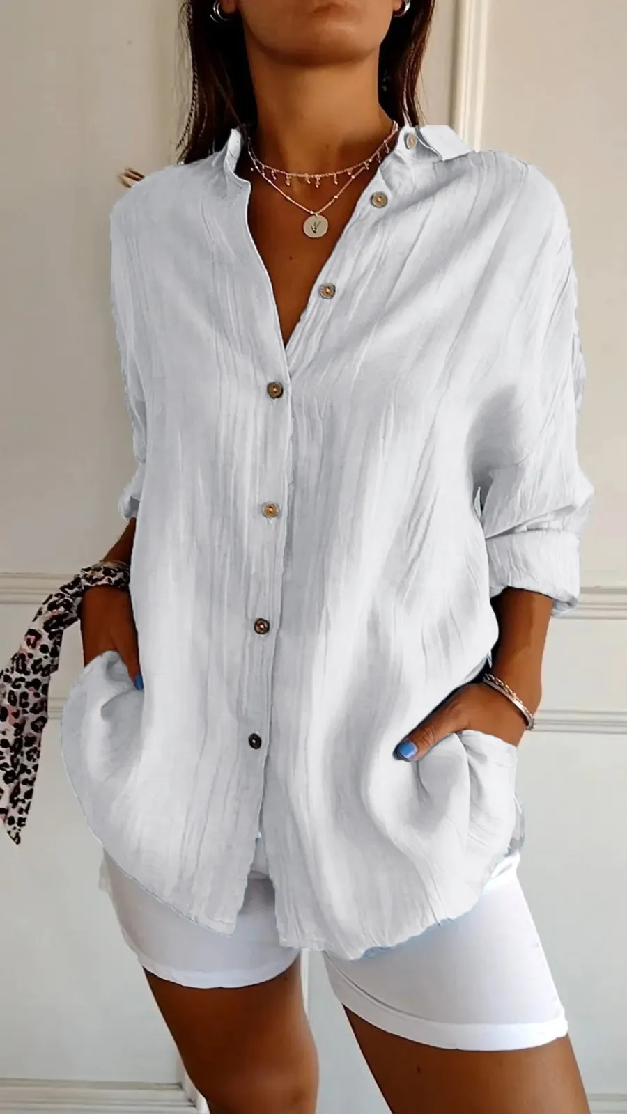 Lapel Long Sleeve Shirt Women's Single-breasted Pleated Shirt Tops Clothing - Image 5