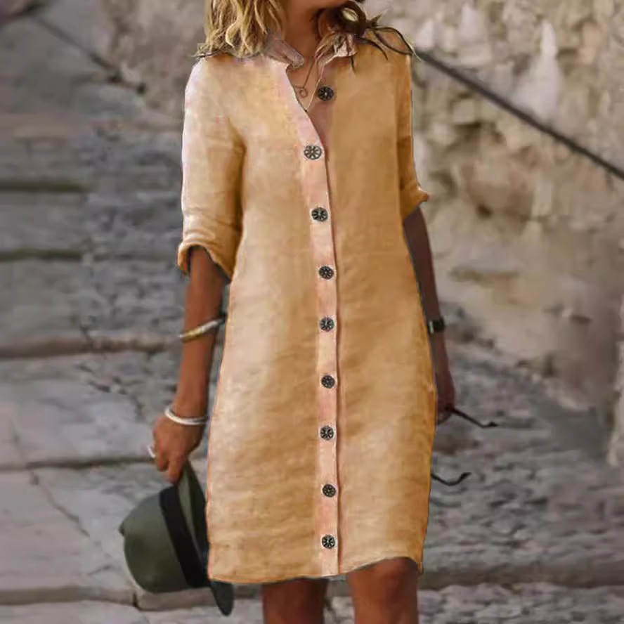 Half-sleeved Shirt Dress Summer V-neck Single-breasted Button Dresses Women's Clothing - Image 4