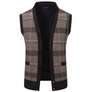 Men V-Neck Plaid Check Knit Vest Fleece Lined Thick Warm Button Sleeveless Sweater Waistcoat, Business Casual Layerable Winter Outerwear With Pockets