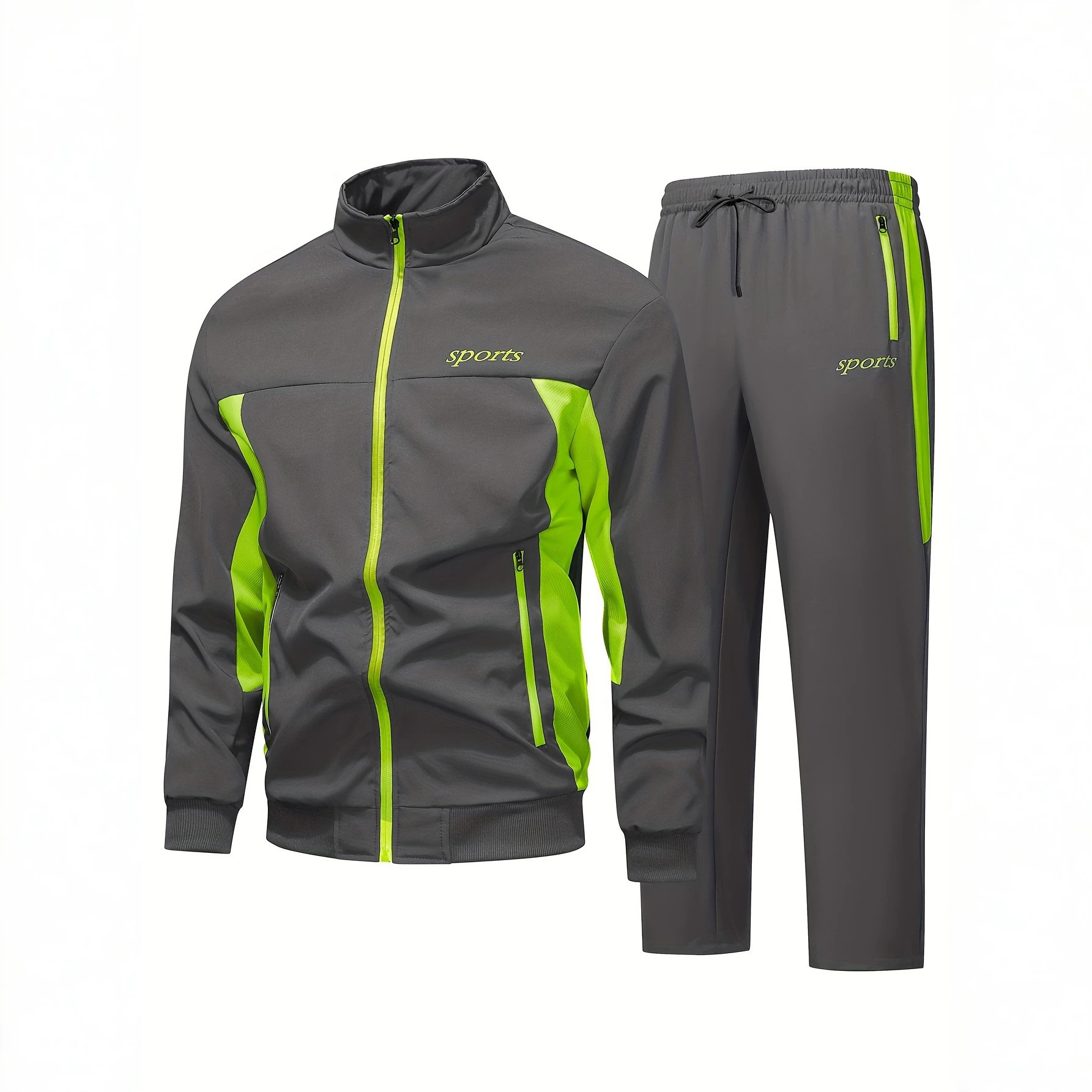 Men's Autumn Casual Sportswear Set With A Stand-up Collar And Color-block Design - Image 4
