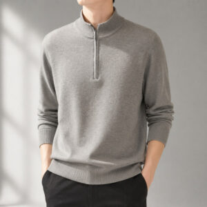 Men's Solid-Color Knitted Sweater With Half-Zip Neck Made Of Wool