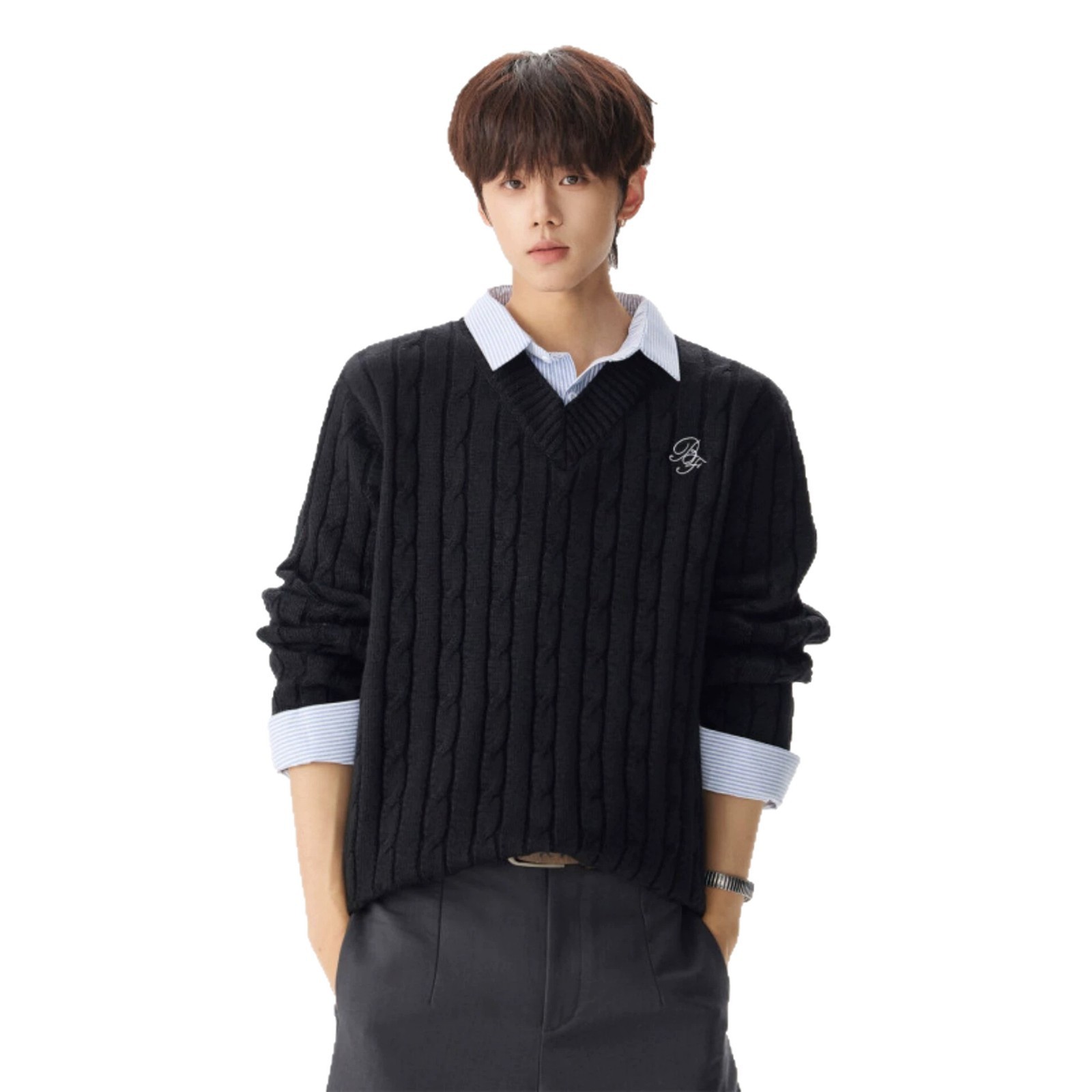 Men's Faux Two-piece Knitted Striped Patchwork Sweater - Image 5