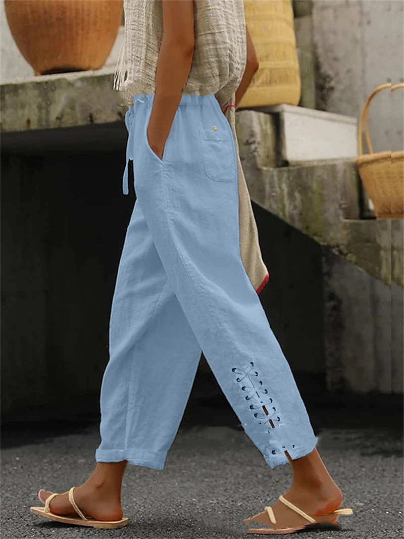 Cotton Linen Solid Color Pocket Sweet Stitching Casual Pants - Image 5