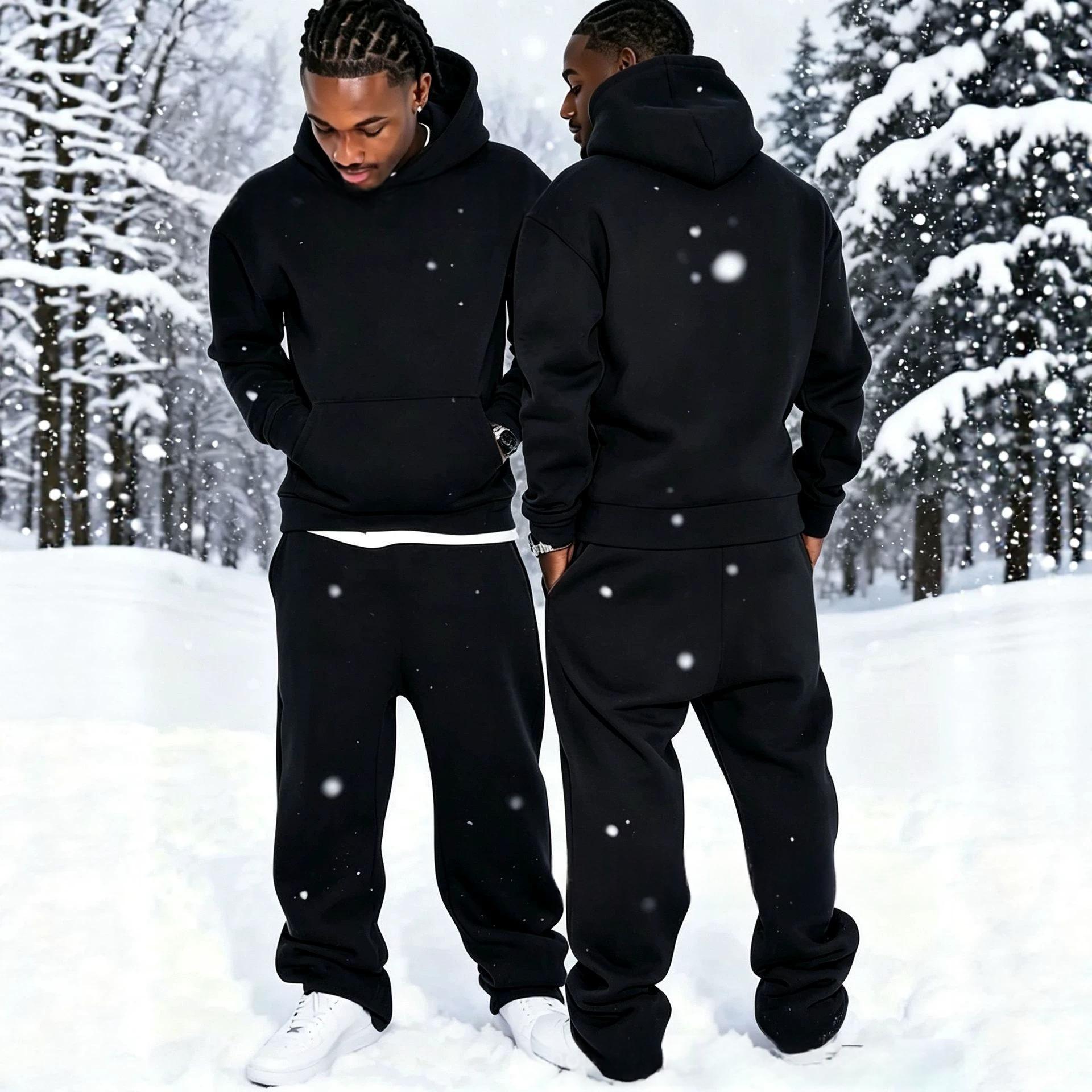 Solid-color Fleece-lined Hoodie And Wide-leg Straight-leg Pants Set