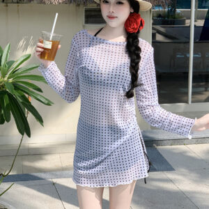 Polka-dot Long-sleeve Cover-up Swimsuit For Women