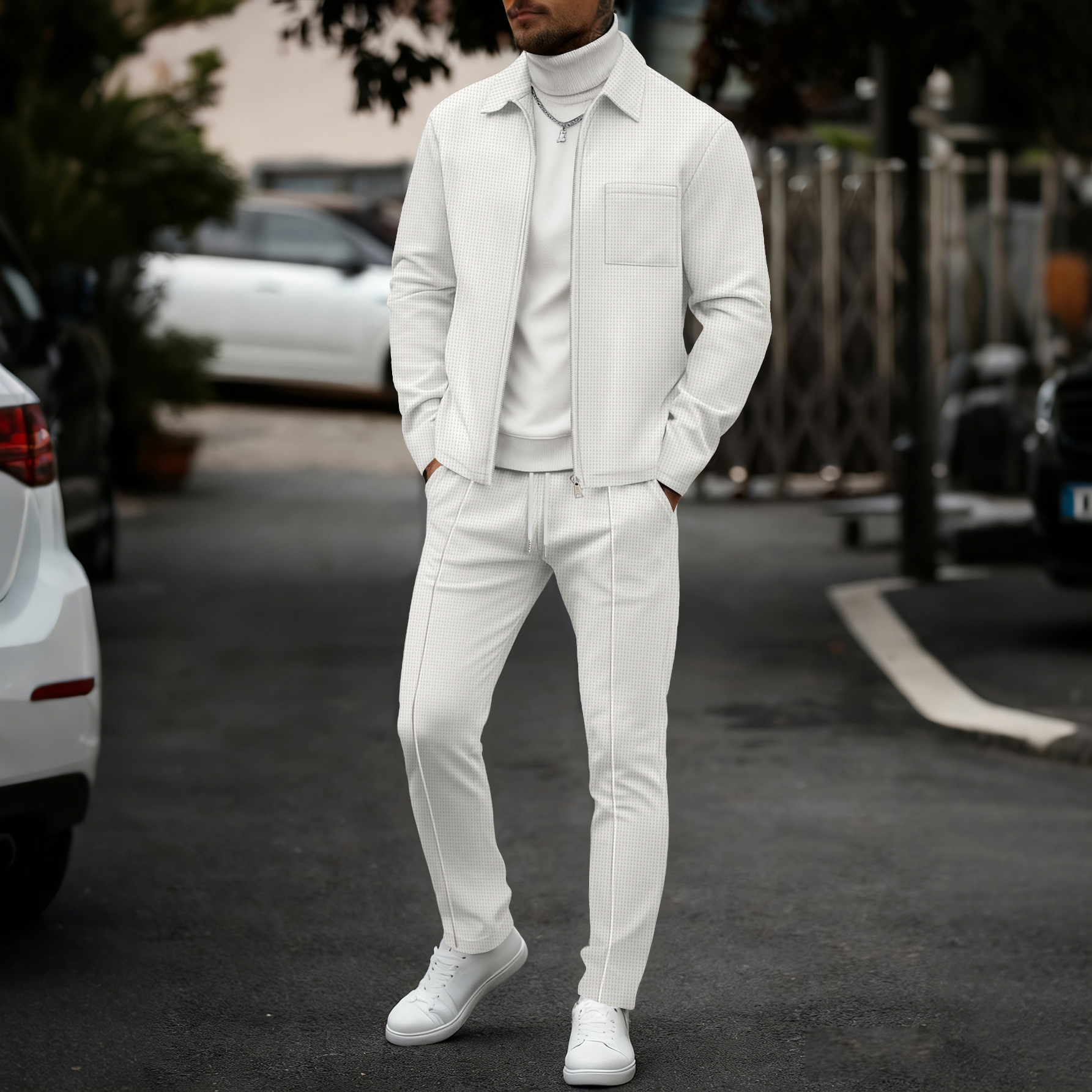 Lapel Cardigan Mens Jacket And Trousers Set - Image 2