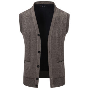 Men's Khaki Cable Knit Fleece Lined Sweater Vest V-Neck Button Up Sleeveless Waistcoat, Business Casual Warm Layering Vest With Pockets Fall Winter