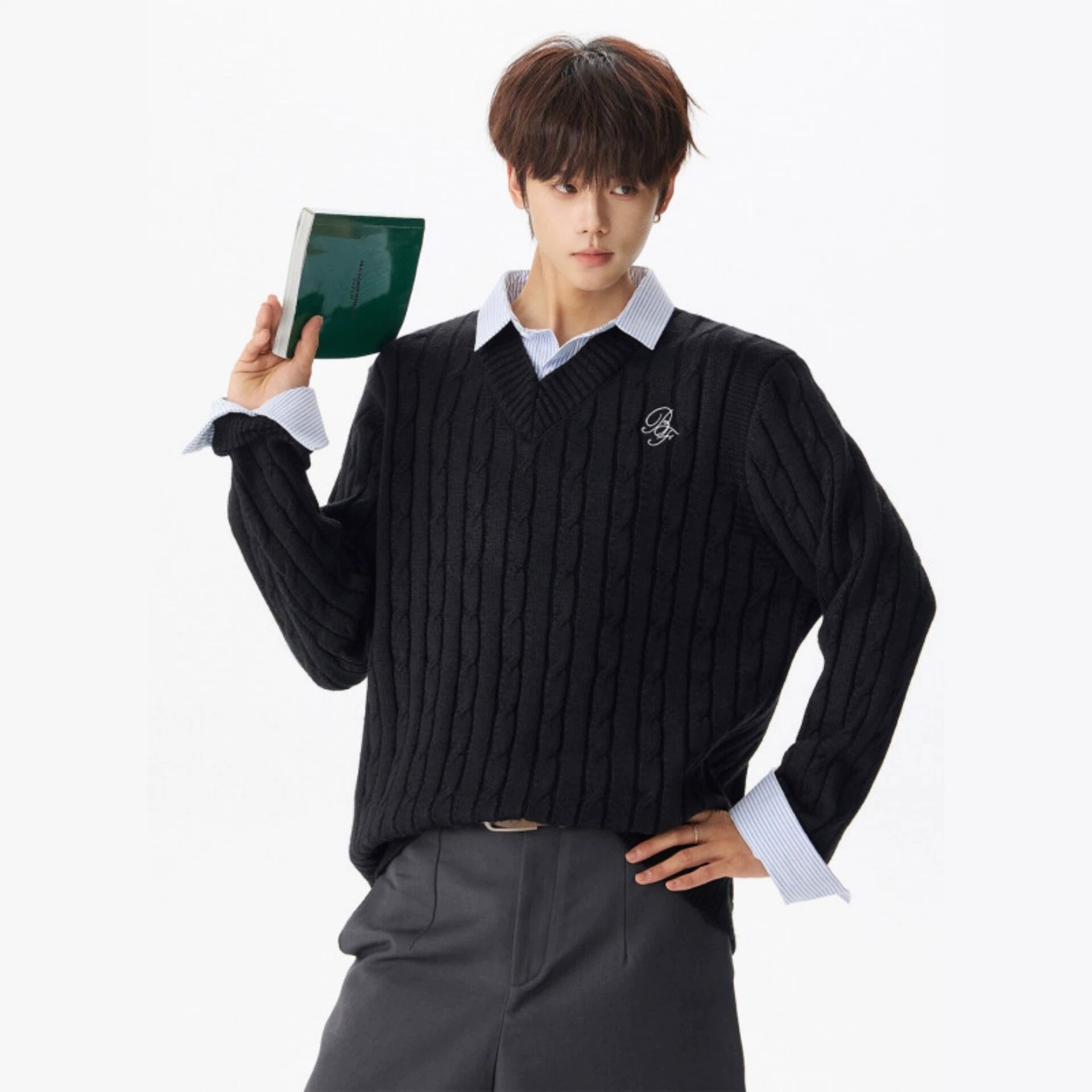Men's Faux Two-piece Knitted Striped Patchwork Sweater - Image 2