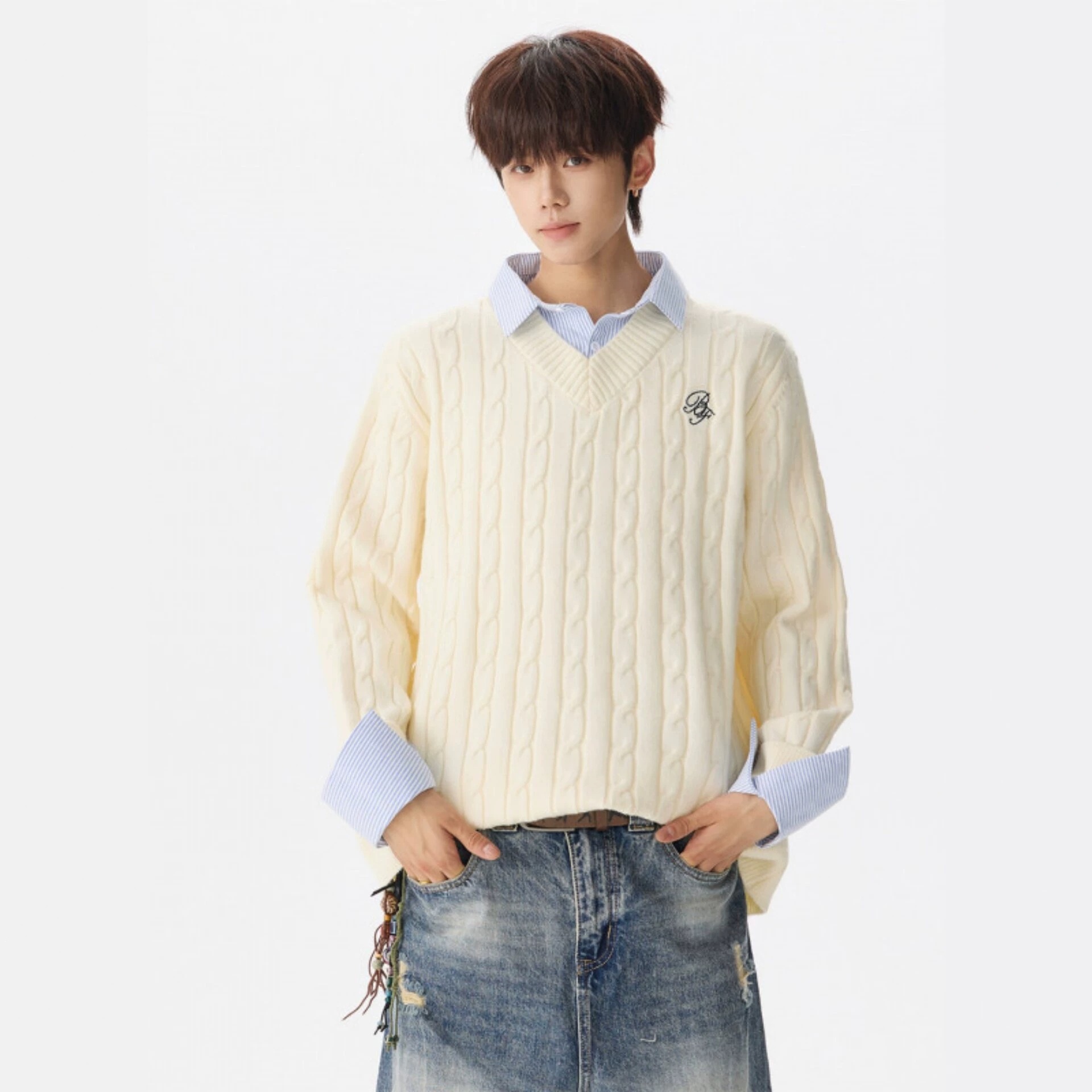 Men's Faux Two-piece Knitted Striped Patchwork Sweater - Image 4