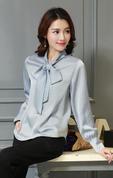 Women's Bow Tie Collar Solid Color Fashion Slim Imitation Silk Long Sleeve Lining - Image 2