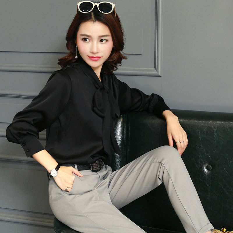 Women's Bow Tie Collar Solid Color Fashion Slim Imitation Silk Long Sleeve Lining - Image 6