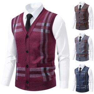 Men V Neck Plaid Knit Vest Fleece Lined Thick Warm Button Sleeveless Sweater Waistcoat Gilet With Pockets Winter Business Casual Outerwear